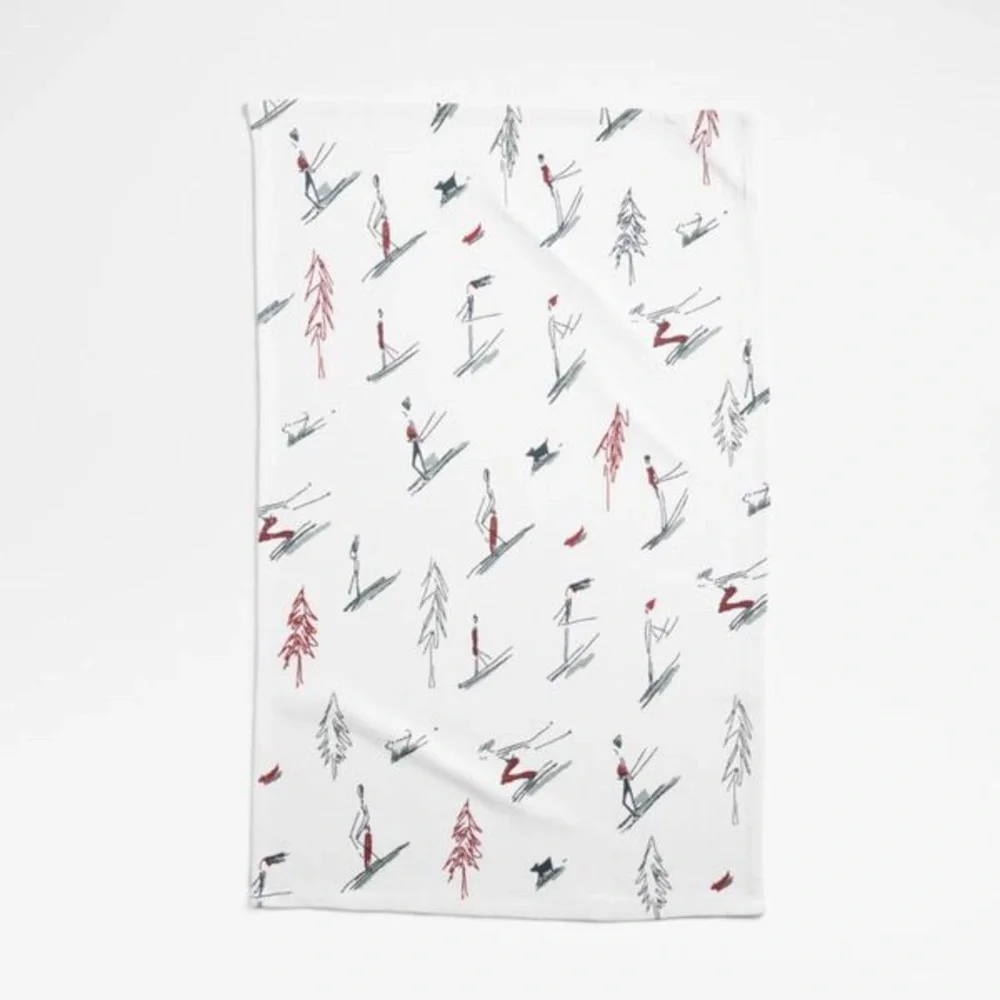 Crate & Barrel Holiday Skiers Dish Towel